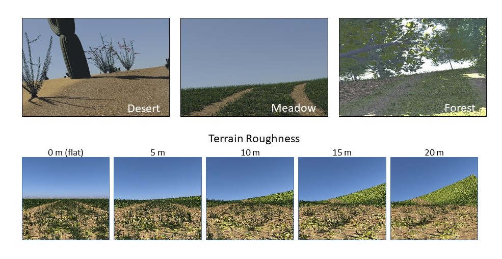 Screen captures from MAVS simulations showing differing environments