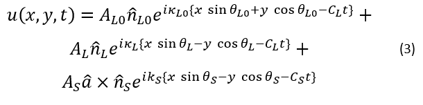 u(x,y,t)=A_L0 n ̂_L0 e^(iκ_L0 {x sin⁡〖θ_L0 〗+y cos⁡〖θ_L0 〗-C_L t})+A_L n ̂_L e^(iκ_L {x sin⁡〖θ_L 〗-y cos⁡〖θ_L 〗-C_L t})+A_S a ̂×n ̂_S e^(ik_S {x sin⁡〖θ_S 〗-y cos⁡〖θ_S 〗-C_S t})