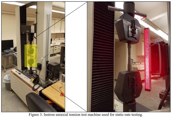 Instron uniaxial tension test machine used for static-rate testing