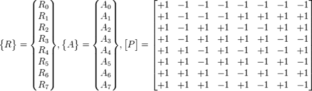 R = R0-R7, A = A0-A7, P = matrix of ones